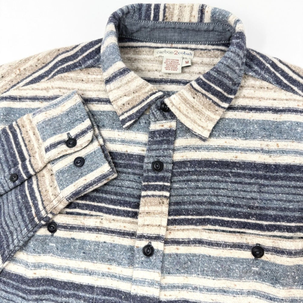 Carbon 2 Cobalt Mens Medium Blue Cream Striped Long Sleeve Button Front Shirt